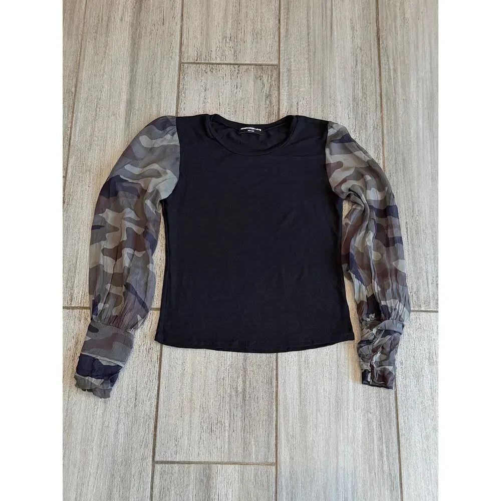 Generation Love Noelle Camo Sheer Sleeve Edgy Top Black Green Womens Size XS - Picture 7 of 9